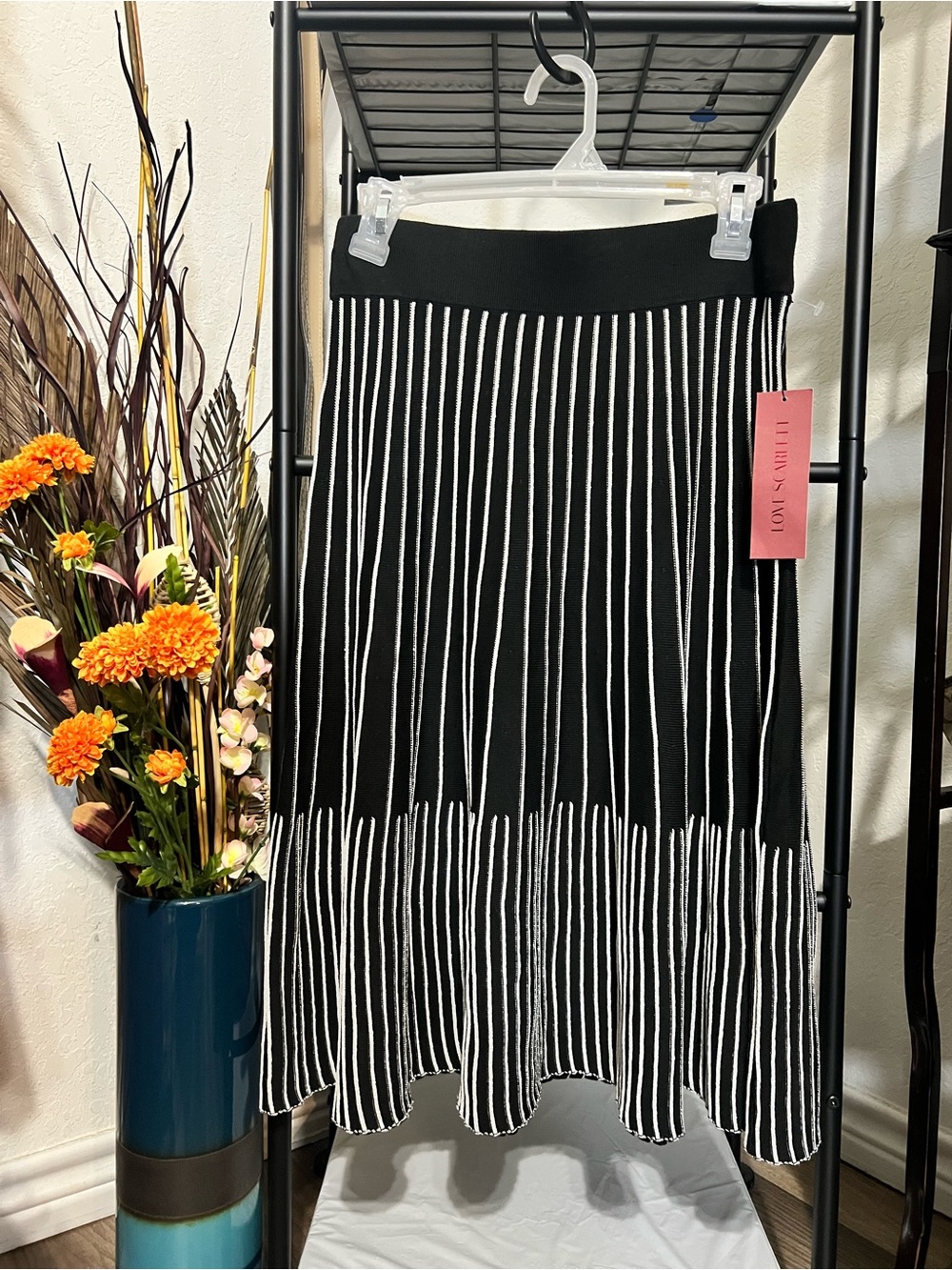 NWT Love Scarlett Black & White Striped Knit Midi Skirt